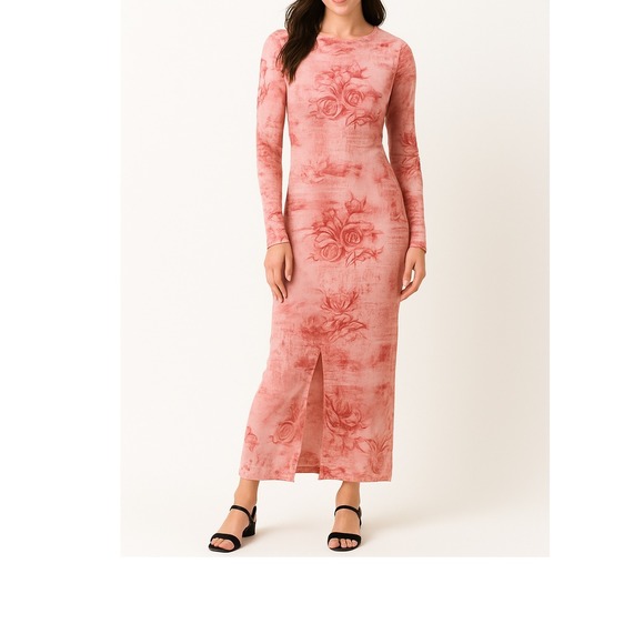 Shein Bae Pink Floral Rose Print Maxi Dress Long Sleeve Ruched Bodycon, Size 6 - Picture 1 of 9